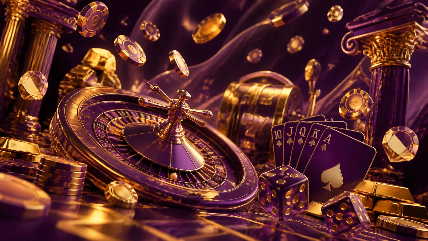 Luxurious casino-themed hero banner for Maximalbet featuring a roulette wheel, poker chips, and glowing dice in a high-end, c